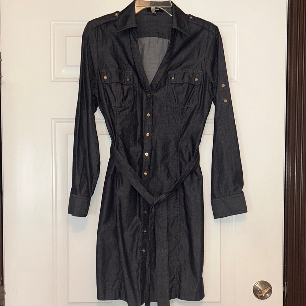 Express Denim Button-Up Shirt Dress 10 Blue Cotton Lightweight Belted Vintage